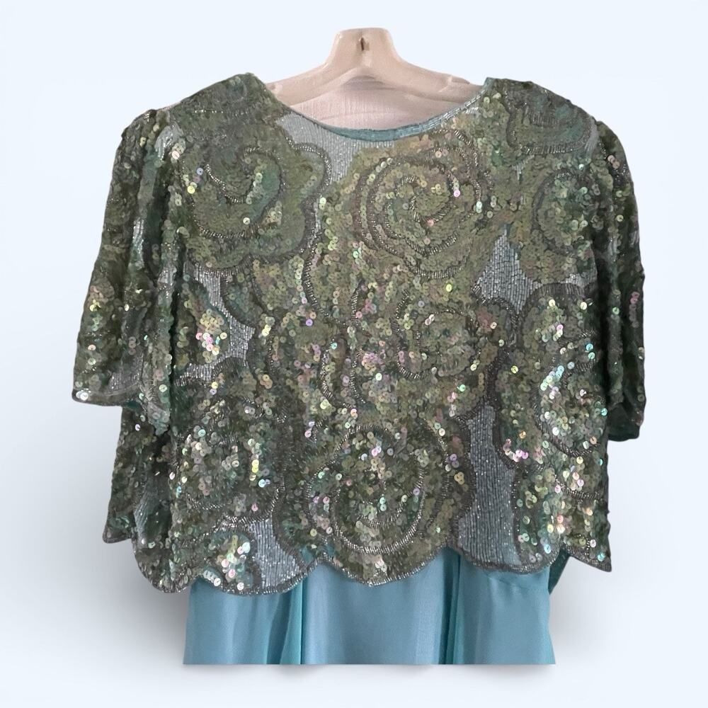 Peak Starlink Vintage Formal Dress Hand Beaded/Sequined Turquoise sz 14 2 piece - Picture 3 of 12